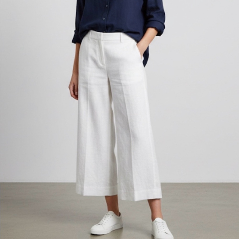 J. Crew White Linen Wide-Leg Cropped Pants Lined Herringbone Pattern